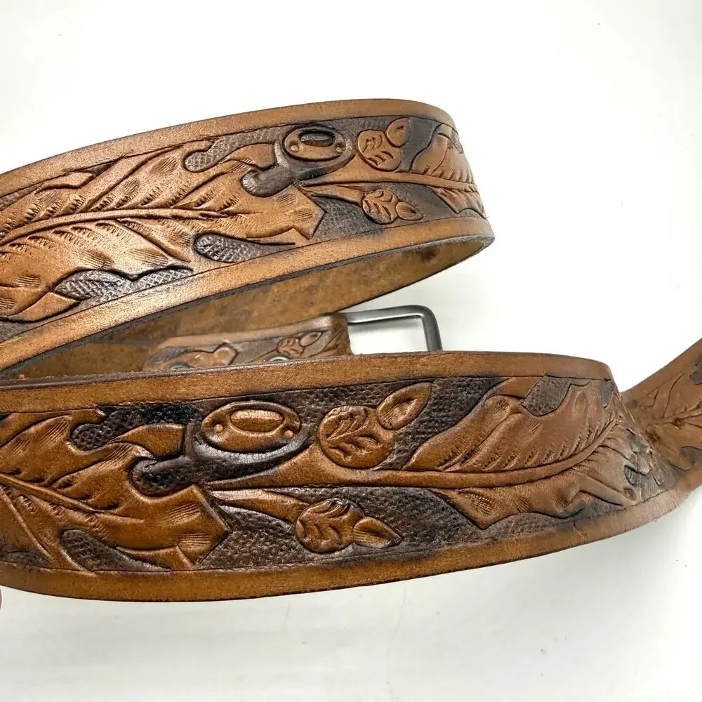 Vintage Brown Leather Western Belt 38 Tooled Leaves Cowboy Cowgirl Boho Hippie